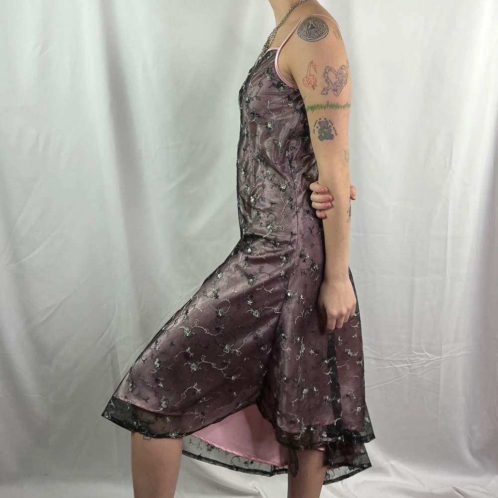 Beautiful Pink Gown with Black Mesh,  Pink Floral Appliques and Asymmetrical Hem - Picture 2 of 11